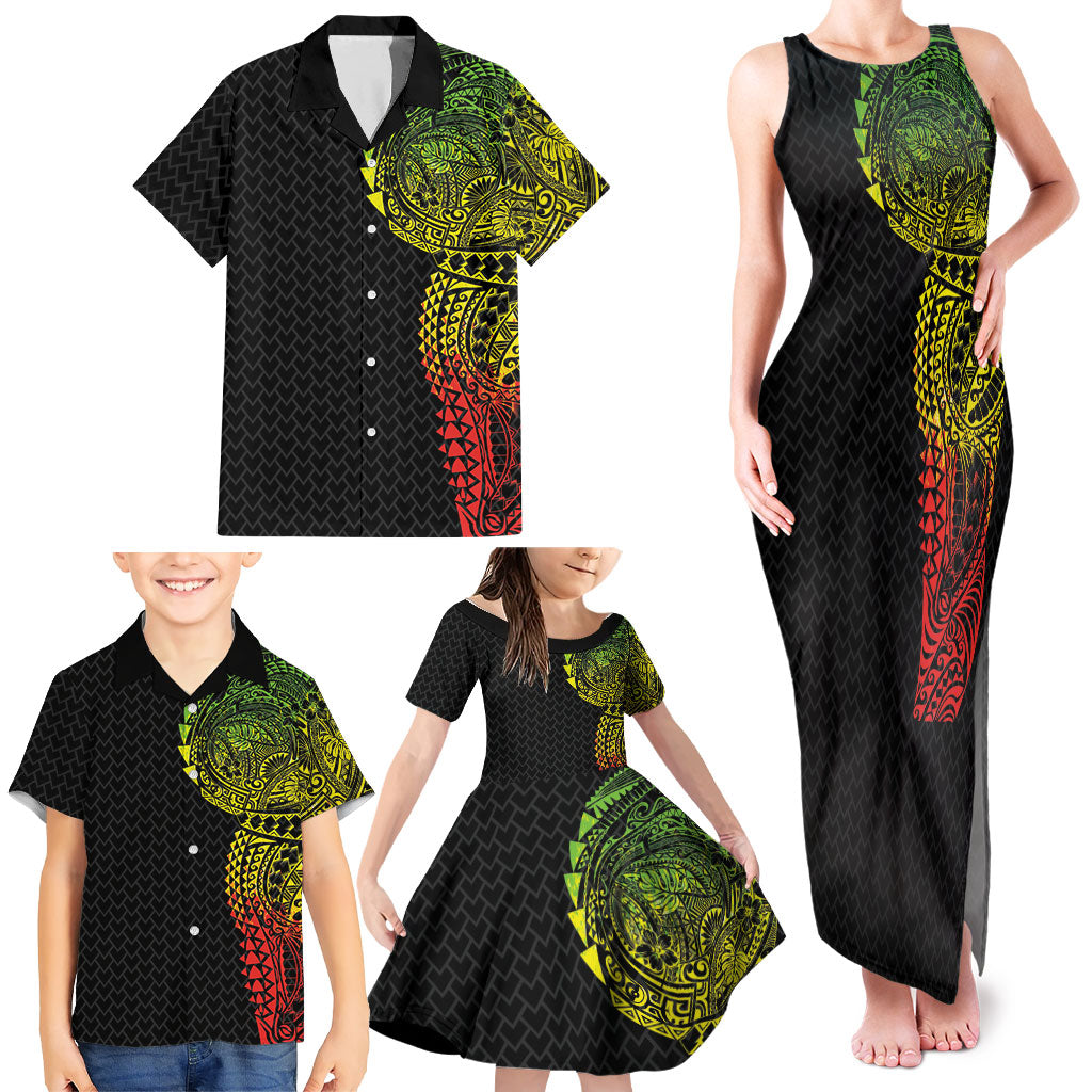 Hawaiian Traditional Tattoos Family Matching Tank Maxi Dress and Hawaiian Shirt Kakau Tribal Tropical Plant Motif Kanaka Maoli Flag Color Inspired