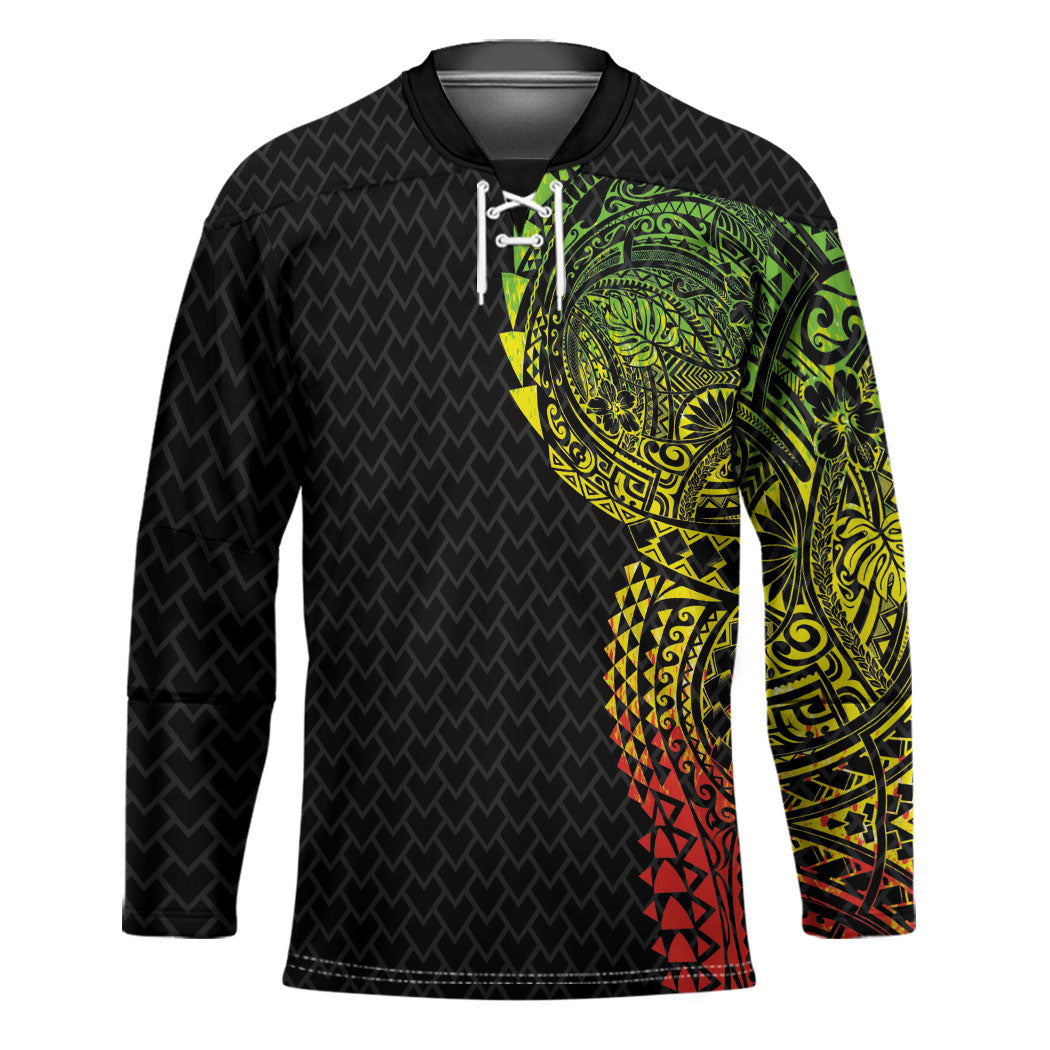 Hawaiian Traditional Tattoos Hockey Jersey Kakau Tribal Tropical Plant Motif Kanaka Maoli Flag Color Inspired LT03 Unisex Multicolor - Polynesian Pride