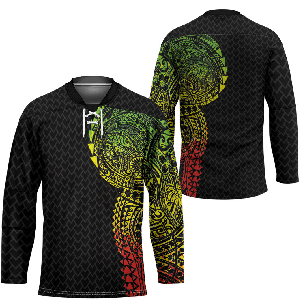 Hawaiian Traditional Tattoos Hockey Jersey Kakau Tribal Tropical Plant Motif Kanaka Maoli Flag Color Inspired LT03 - Polynesian Pride