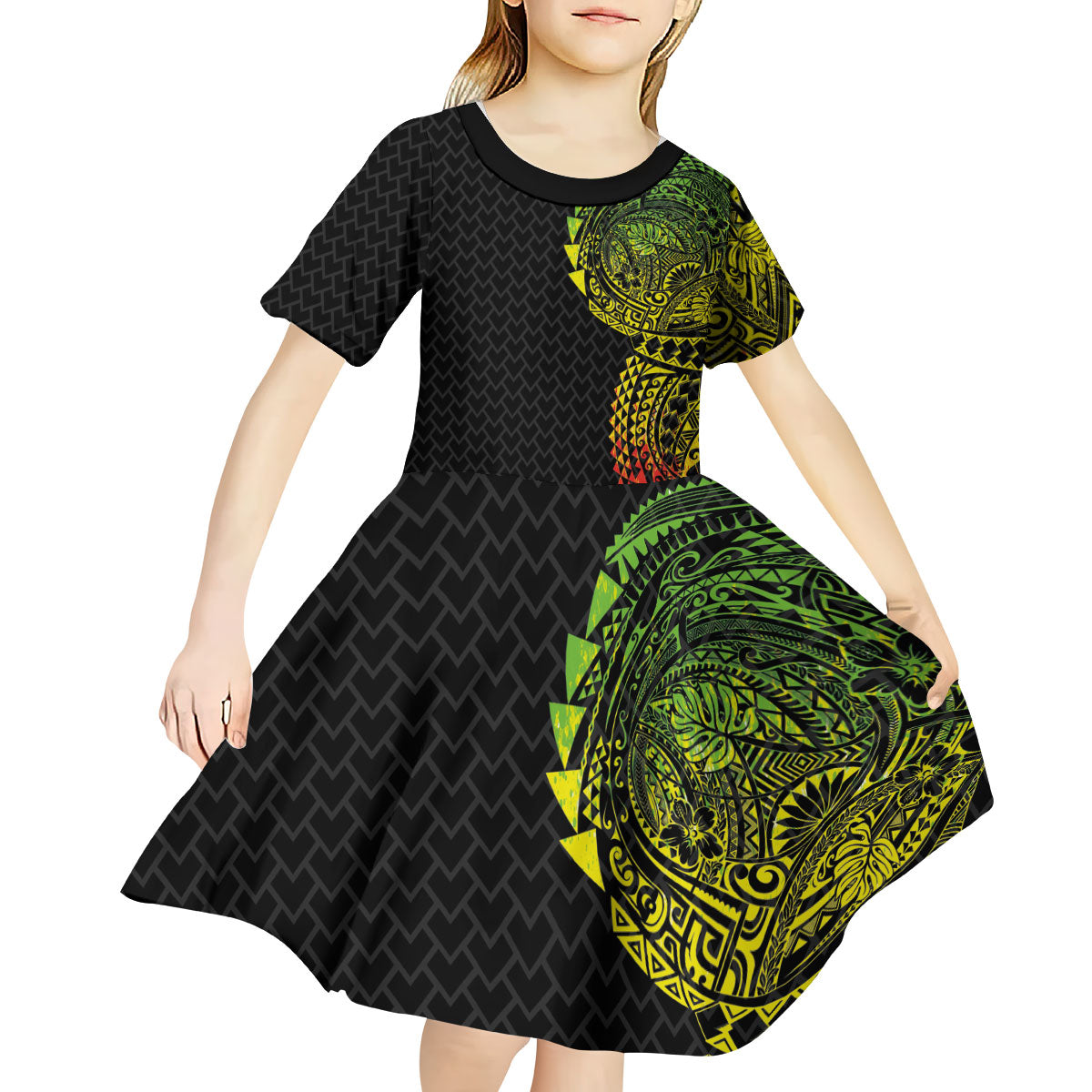 Hawaiian Traditional Tattoos Kid Short Sleeve Dress Kakau Tribal Tropical Plant Motif Kanaka Maoli Flag Color Inspired