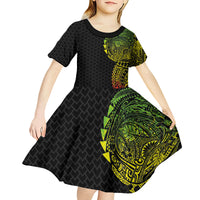 Hawaiian Traditional Tattoos Kid Short Sleeve Dress Kakau Tribal Tropical Plant Motif Kanaka Maoli Flag Color Inspired