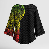 Hawaiian Traditional Tattoos Kimono Sleeve Blouse Kakau Tribal Tropical Plant Motif Kanaka Maoli Flag Color Inspired