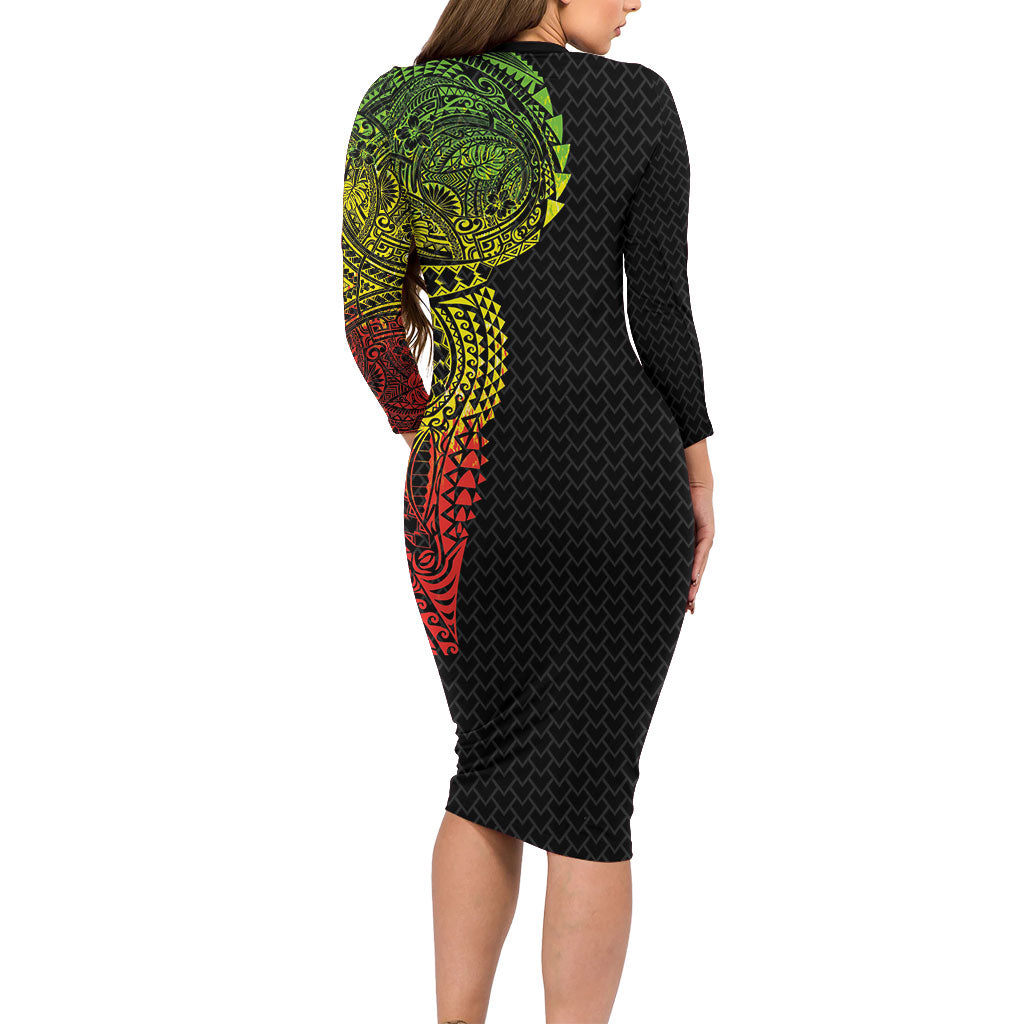 Hawaiian Traditional Tattoos Long Sleeve Bodycon Dress Kakau Tribal Tropical Plant Motif Kanaka Maoli Flag Color Inspired