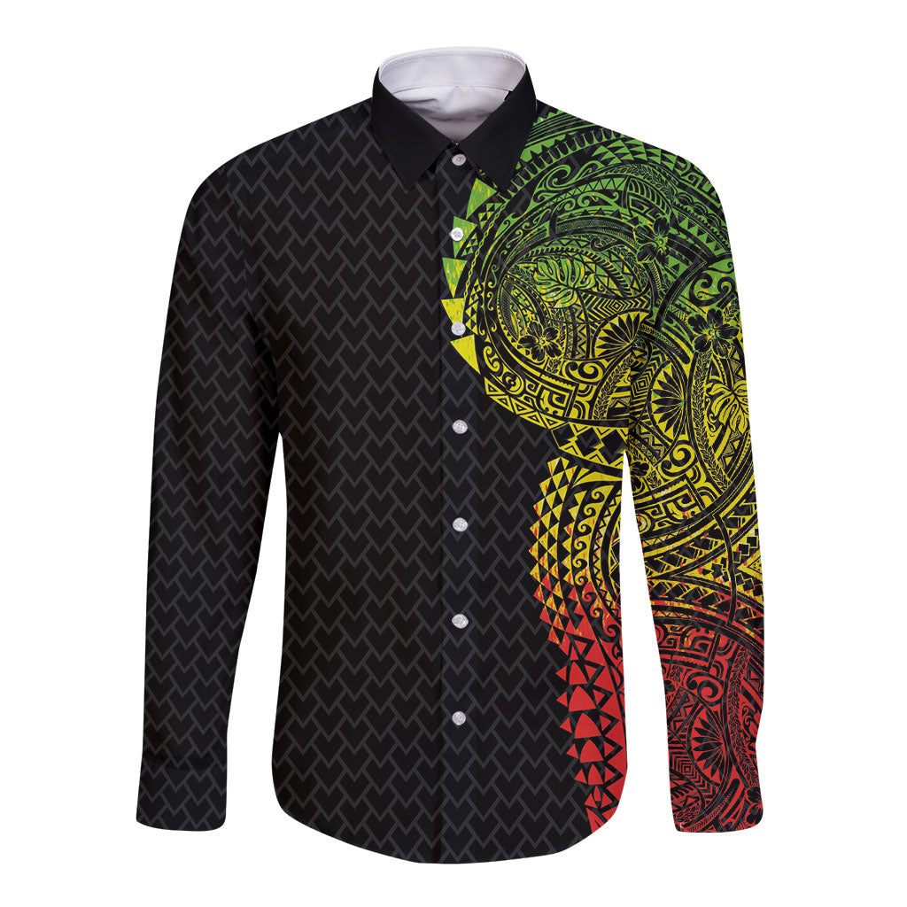 Hawaiian Traditional Tattoos Long Sleeve Button Shirt Kakau Tribal Tropical Plant Motif Kanaka Maoli Flag Color Inspired LT03 Unisex Multicolor - Polynesian Pride