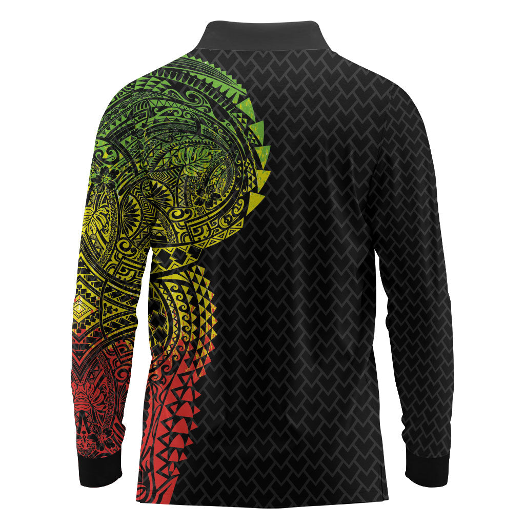 Hawaiian Traditional Tattoos Long Sleeve Polo Shirt Kakau Tribal Tropical Plant Motif Kanaka Maoli Flag Color Inspired
