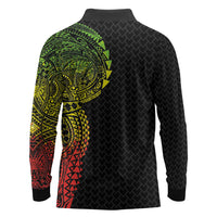 Hawaiian Traditional Tattoos Long Sleeve Polo Shirt Kakau Tribal Tropical Plant Motif Kanaka Maoli Flag Color Inspired