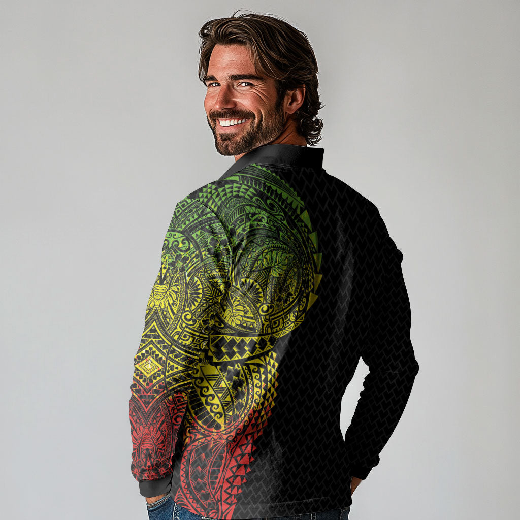 Hawaiian Traditional Tattoos Long Sleeve Polo Shirt Kakau Tribal Tropical Plant Motif Kanaka Maoli Flag Color Inspired