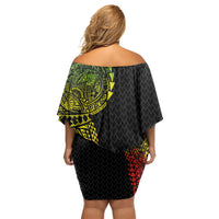 Hawaiian Traditional Tattoos Off Shoulder Short Dress Kakau Tribal Tropical Plant Motif Kanaka Maoli Flag Color Inspired