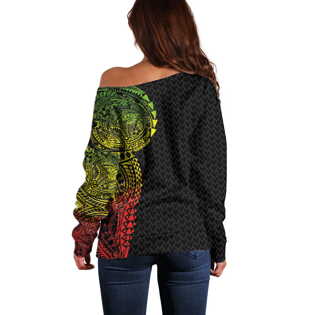Hawaiian Traditional Tattoos Off Shoulder Sweater Kakau Tribal Tropical Plant Motif Kanaka Maoli Flag Color Inspired