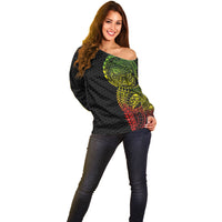 Hawaiian Traditional Tattoos Off Shoulder Sweater Kakau Tribal Tropical Plant Motif Kanaka Maoli Flag Color Inspired