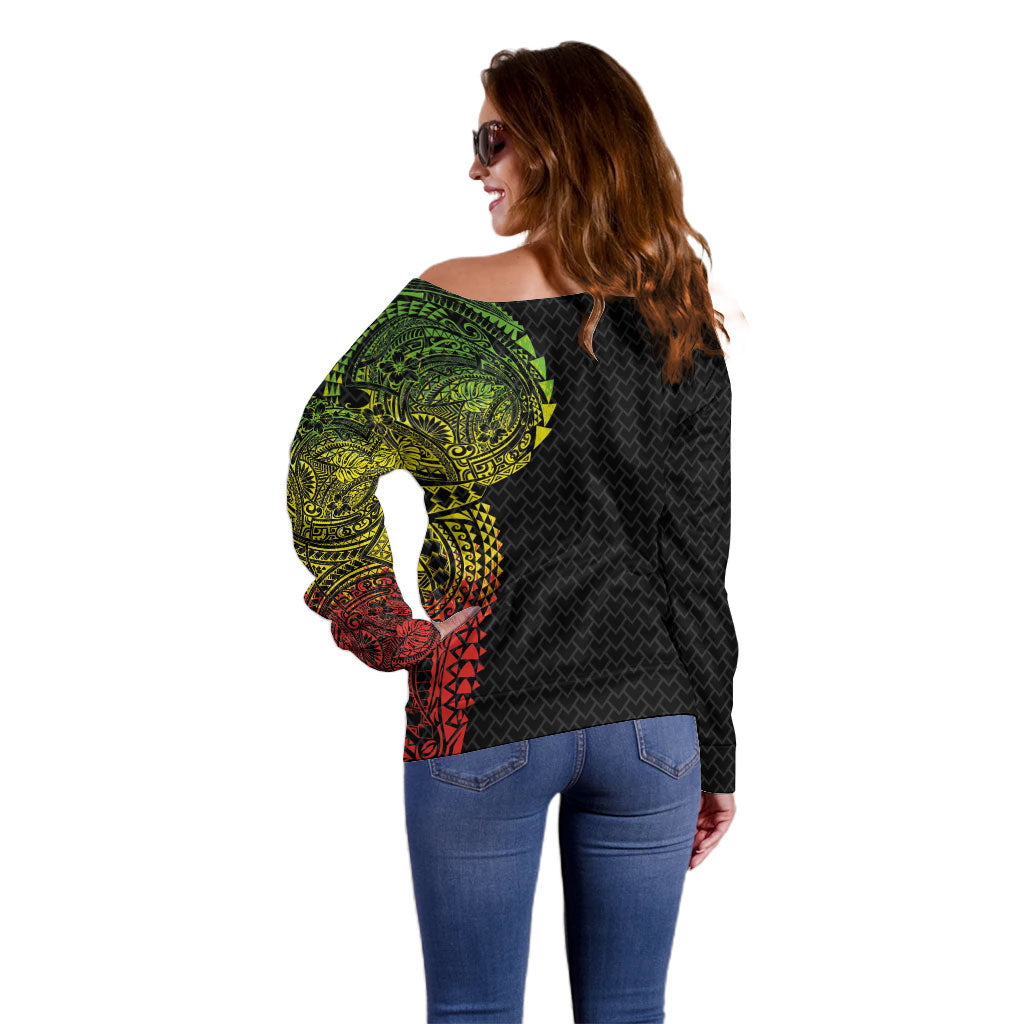 Hawaiian Traditional Tattoos Off Shoulder Sweater Kakau Tribal Tropical Plant Motif Kanaka Maoli Flag Color Inspired