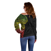 Hawaiian Traditional Tattoos Off Shoulder Sweater Kakau Tribal Tropical Plant Motif Kanaka Maoli Flag Color Inspired