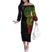 Hawaiian Traditional Tattoos Off The Shoulder Long Sleeve Dress Kakau Tribal Tropical Plant Motif Kanaka Maoli Flag Color Inspired