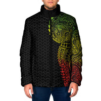 Hawaiian Traditional Tattoos Padded Jacket Kakau Tribal Tropical Plant Motif Kanaka Maoli Flag Color Inspired