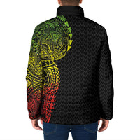 Hawaiian Traditional Tattoos Padded Jacket Kakau Tribal Tropical Plant Motif Kanaka Maoli Flag Color Inspired