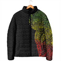 Hawaiian Traditional Tattoos Padded Jacket Kakau Tribal Tropical Plant Motif Kanaka Maoli Flag Color Inspired