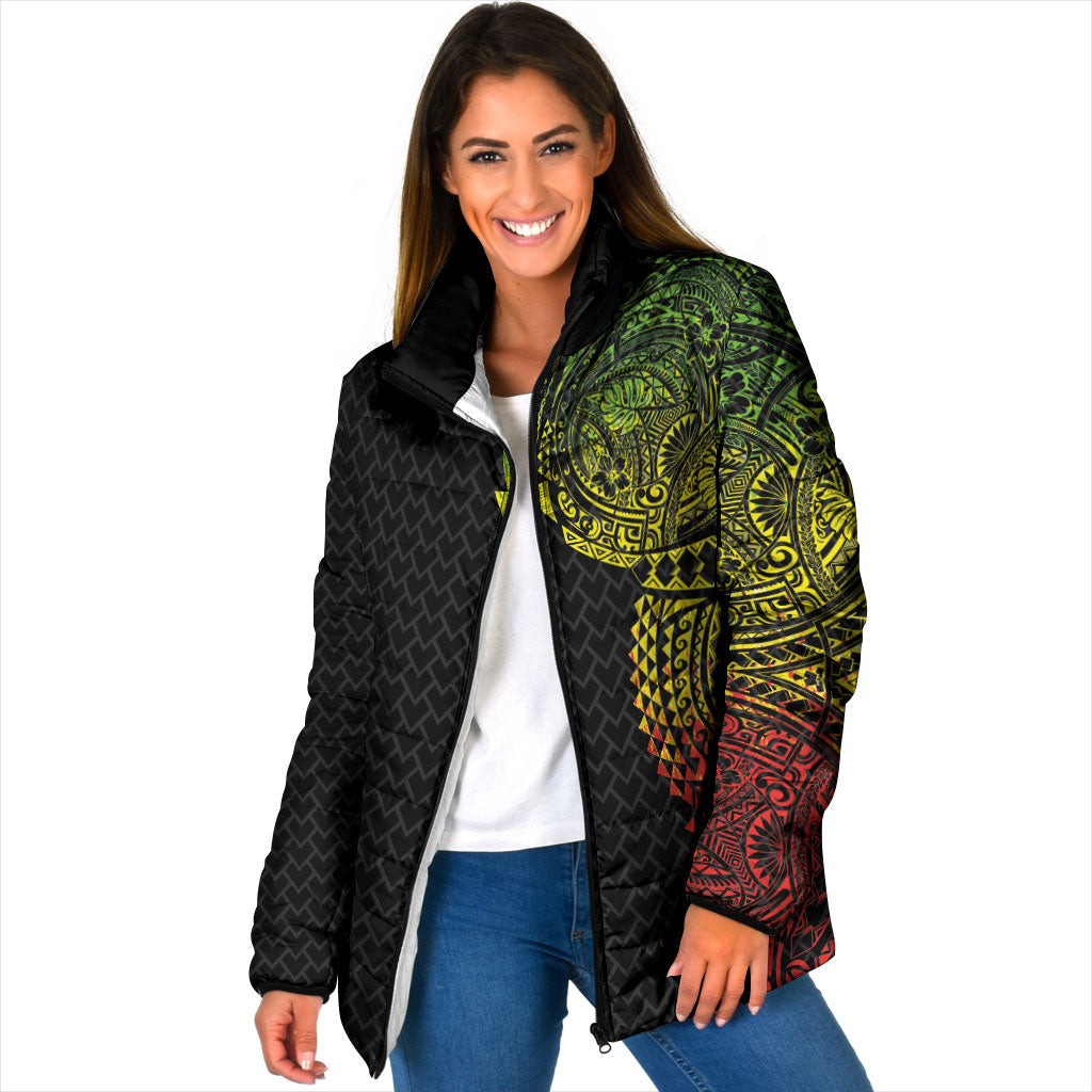Hawaiian Traditional Tattoos Padded Jacket Kakau Tribal Tropical Plant Motif Kanaka Maoli Flag Color Inspired