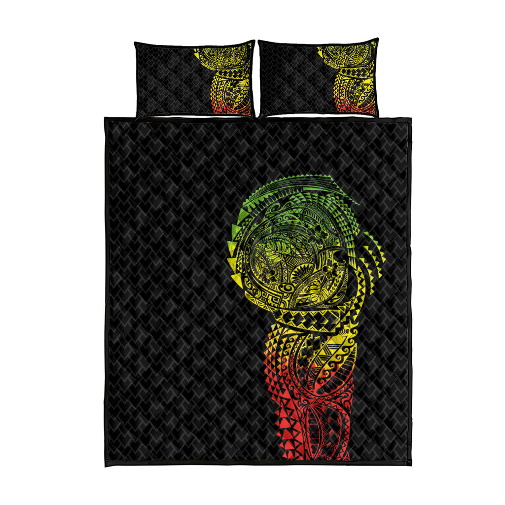 Hawaiian Traditional Tattoos Quilt Bed Set Kakau Tribal Tropical Plant Motif Kanaka Maoli Flag Color Inspired