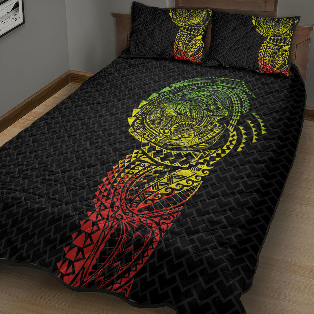Hawaiian Traditional Tattoos Quilt Bed Set Kakau Tribal Tropical Plant Motif Kanaka Maoli Flag Color Inspired