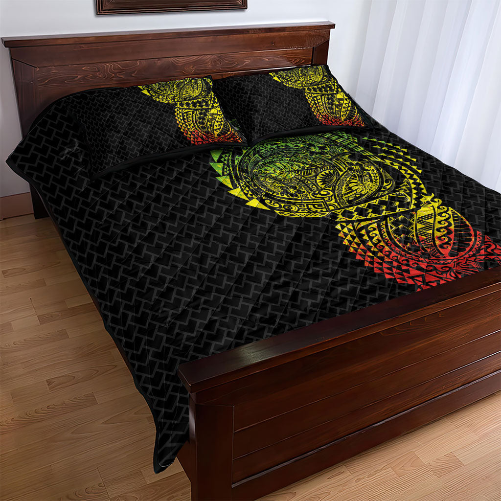 Hawaiian Traditional Tattoos Quilt Bed Set Kakau Tribal Tropical Plant Motif Kanaka Maoli Flag Color Inspired