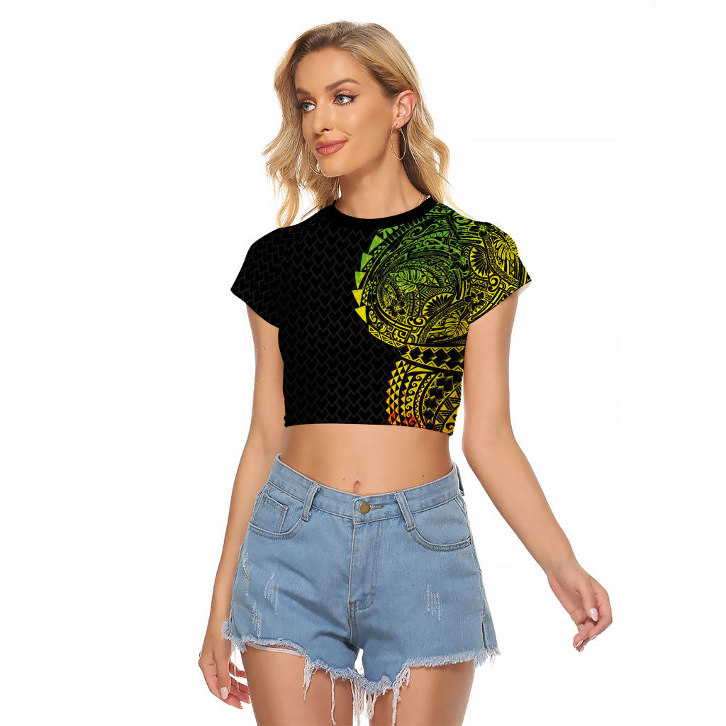 Hawaiian Traditional Tattoos Raglan Cropped T Shirt Kakau Tribal Tropical Plant Motif Kanaka Maoli Flag Color Inspired