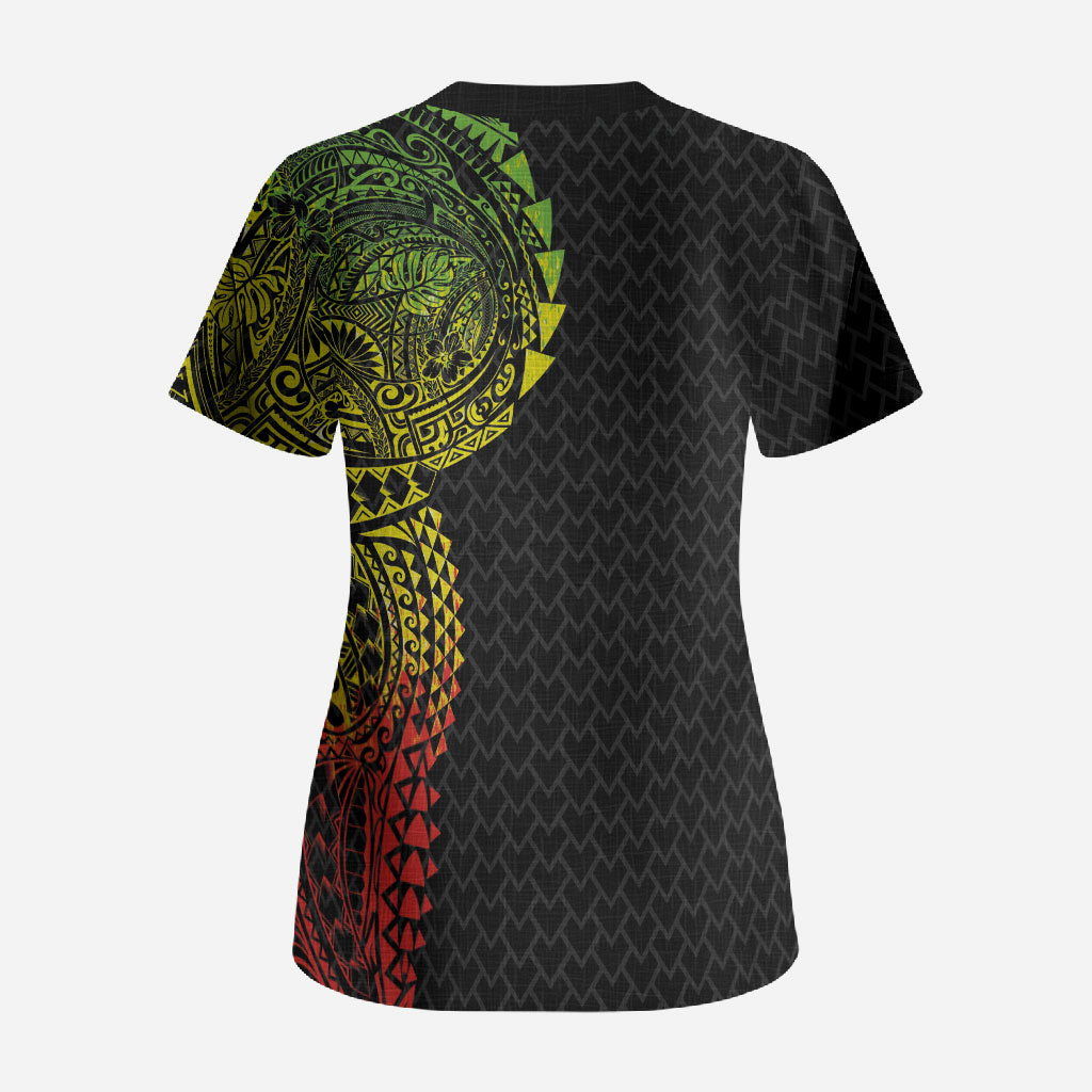 Hawaiian Traditional Tattoos Scrub Top Kakau Tribal Tropical Plant Motif Kanaka Maoli Flag Color Inspired