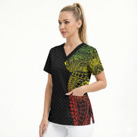 Hawaiian Traditional Tattoos Scrub Top Kakau Tribal Tropical Plant Motif Kanaka Maoli Flag Color Inspired