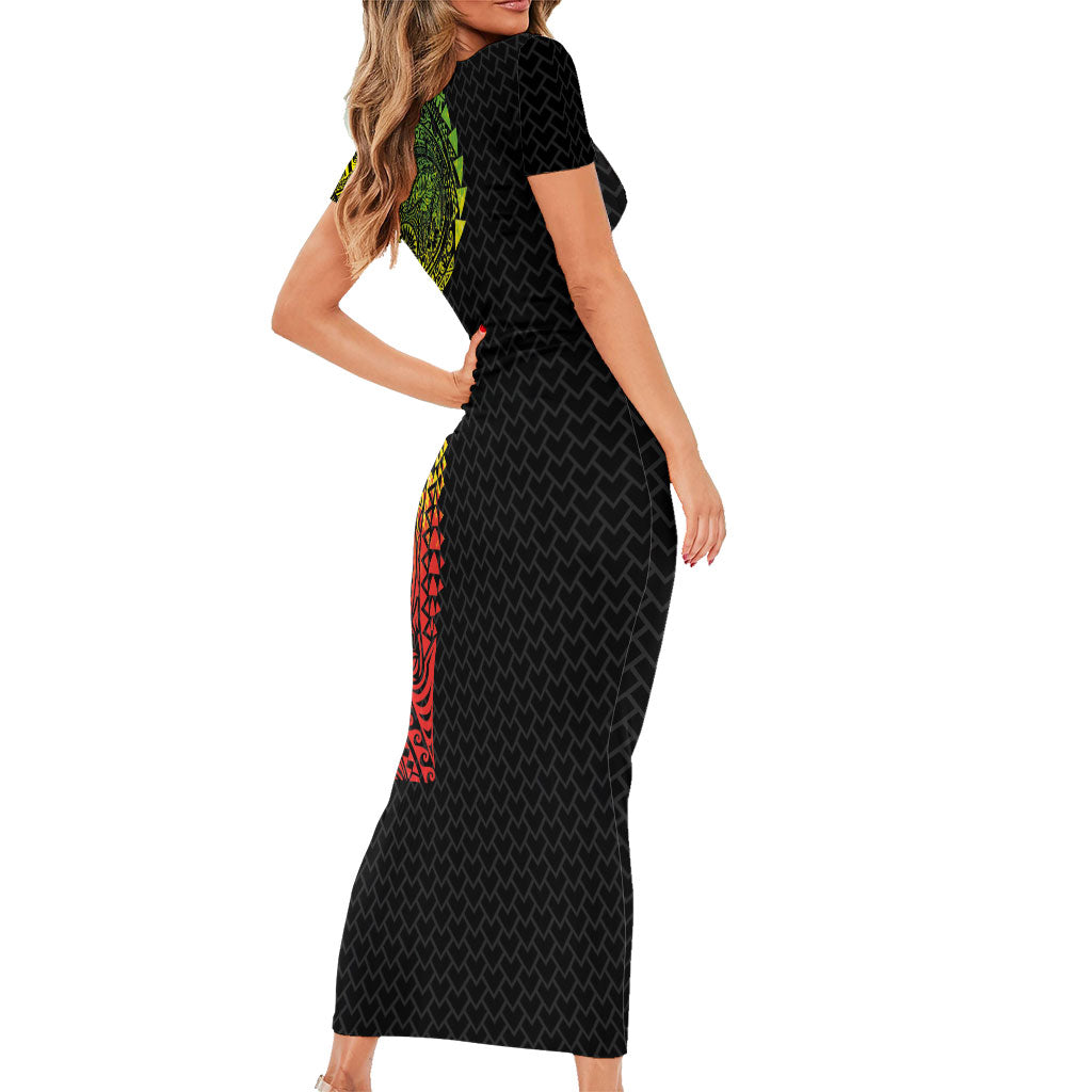 Hawaiian Traditional Tattoos Short Sleeve Bodycon Dress Kakau Tribal Tropical Plant Motif Kanaka Maoli Flag Color Inspired