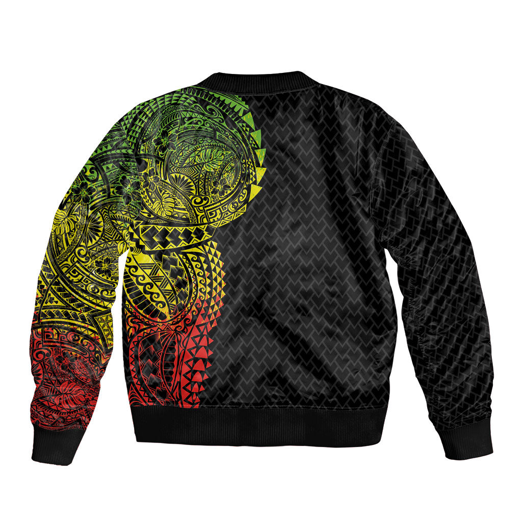 Hawaiian Traditional Tattoos Sleeve Zip Bomber Jacket Kakau Tribal Tropical Plant Motif Kanaka Maoli Flag Color Inspired