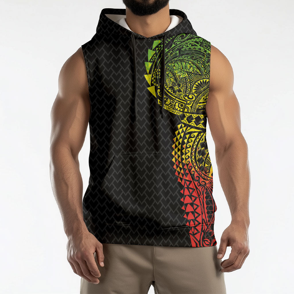 Hawaiian Traditional Tattoos Sleeveless Hoodie Kakau Tribal Tropical Plant Motif Kanaka Maoli Flag Color Inspired