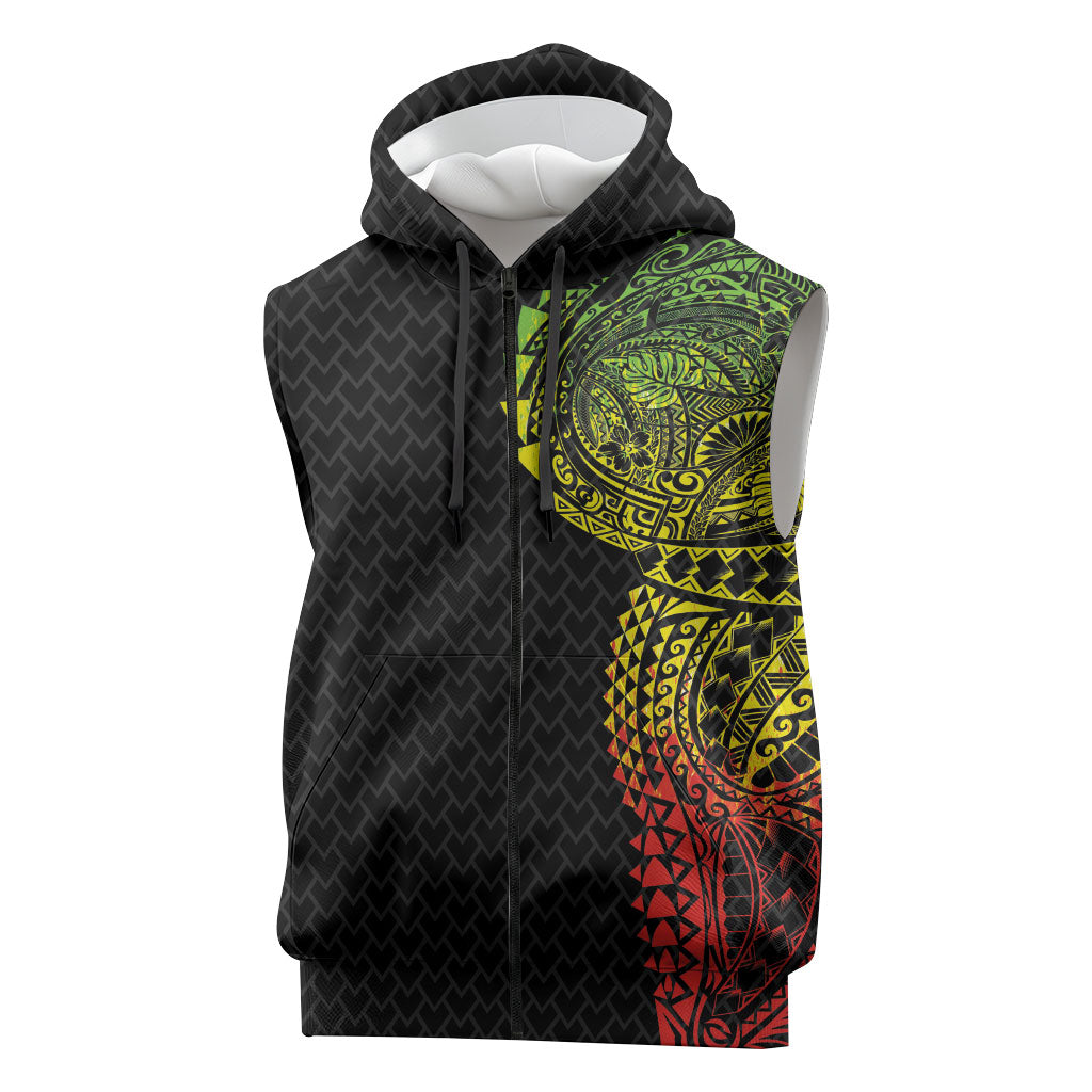 Hawaiian Traditional Tattoos Sleeveless Zip Hoodie Kakau Tribal Tropical Plant Motif Kanaka Maoli Flag Color Inspired