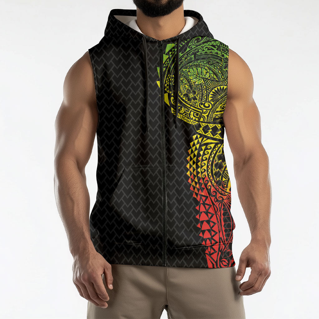 Hawaiian Traditional Tattoos Sleeveless Zip Hoodie Kakau Tribal Tropical Plant Motif Kanaka Maoli Flag Color Inspired