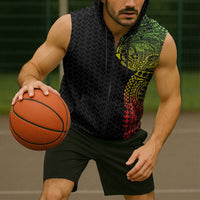 Hawaiian Traditional Tattoos Sleeveless Zip Hoodie Kakau Tribal Tropical Plant Motif Kanaka Maoli Flag Color Inspired