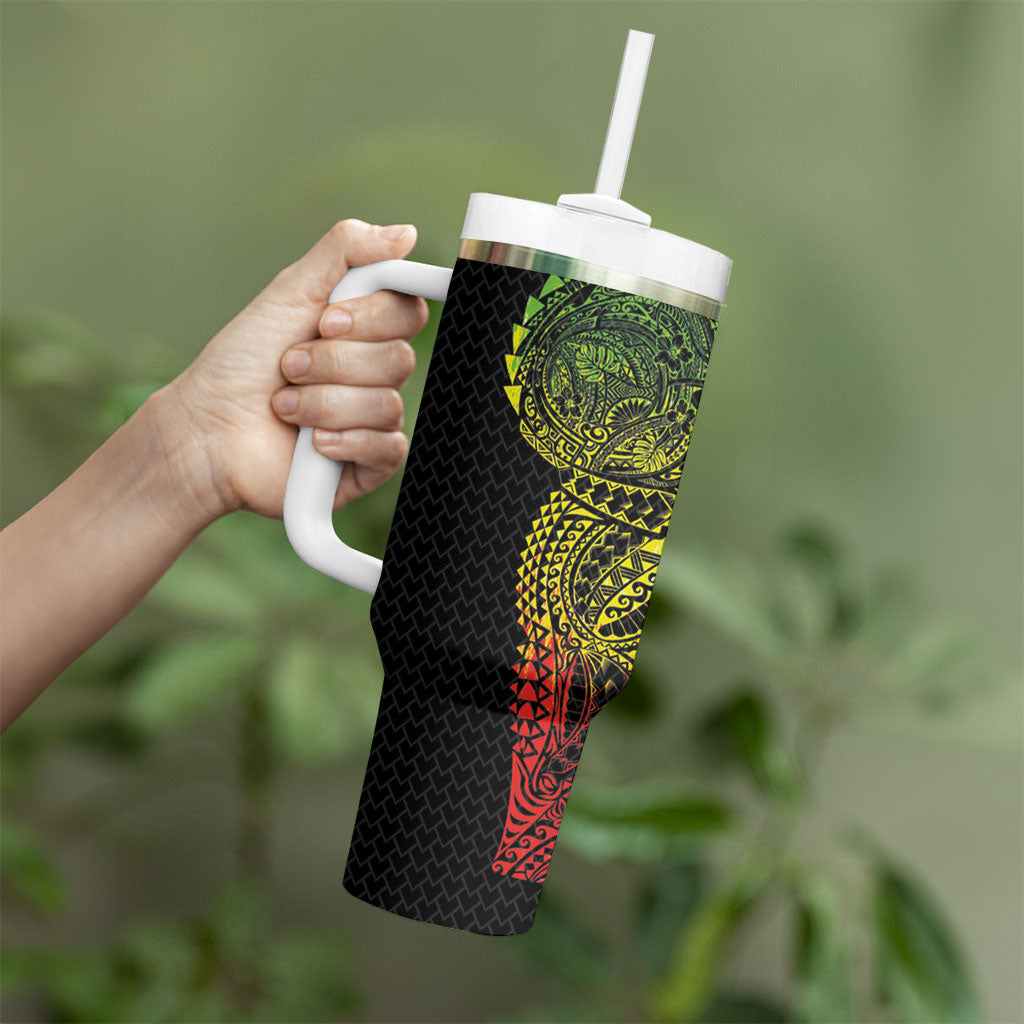Hawaiian Traditional Tattoos Tumbler With Handle Kakau Tribal Tropical Plant Motif Kanaka Maoli Flag Color Inspired
