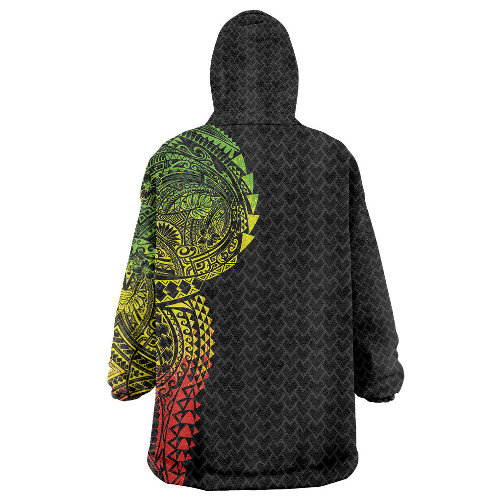 Hawaiian Traditional Tattoos Wearable Blanket Hoodie Kakau Tribal Tropical Plant Motif Kanaka Maoli Flag Color Inspired