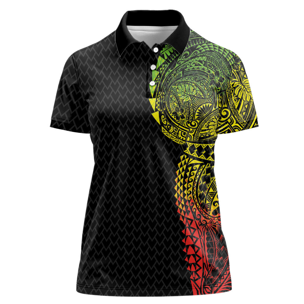 Hawaiian Traditional Tattoos Women Polo Shirt Kakau Tribal Tropical Plant Motif Kanaka Maoli Flag Color Inspired