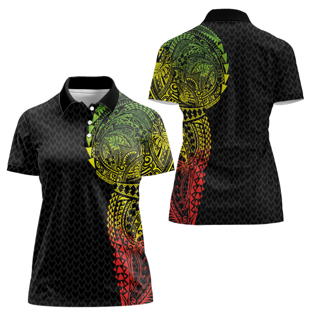 Hawaiian Traditional Tattoos Women Polo Shirt Kakau Tribal Tropical Plant Motif Kanaka Maoli Flag Color Inspired