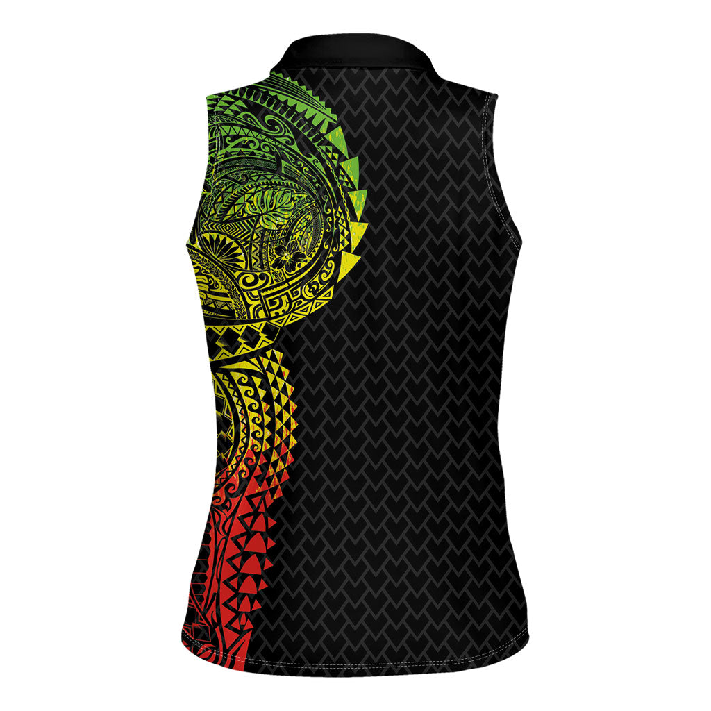 Hawaiian Traditional Tattoos Women Sleeveless Polo Shirt Kakau Tribal Tropical Plant Motif Kanaka Maoli Flag Color Inspired