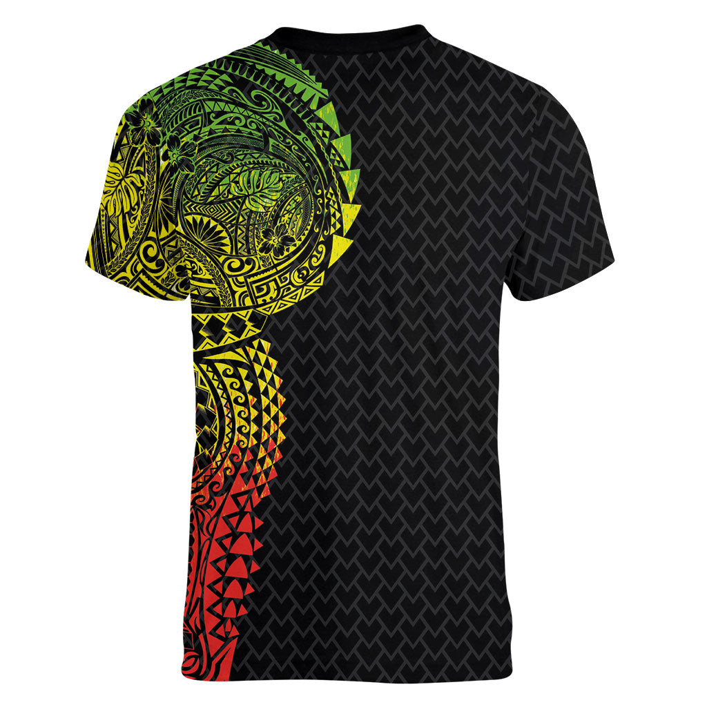 Hawaiian Traditional Tattoos Women V-Neck T-Shirt Kakau Tribal Tropical Plant Motif Kanaka Maoli Flag Color Inspired LT03 - Polynesian Pride