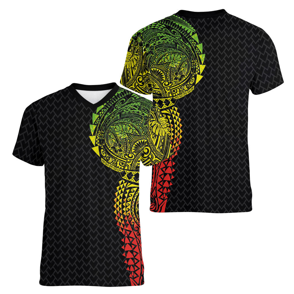 Hawaiian Traditional Tattoos Women V-Neck T-Shirt Kakau Tribal Tropical Plant Motif Kanaka Maoli Flag Color Inspired LT03 - Polynesian Pride