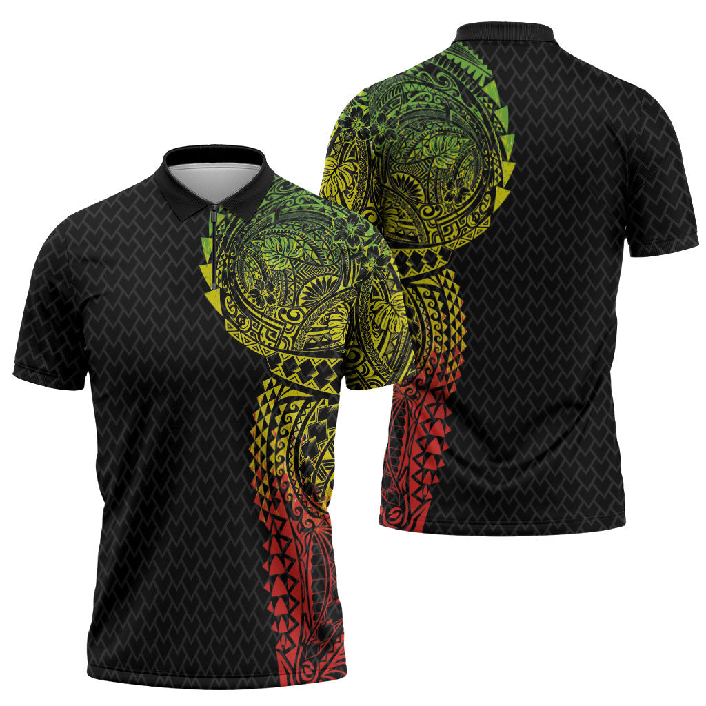 Hawaiian Traditional Tattoos Zipper Polo Shirt Kakau Tribal Tropical Plant Motif Kanaka Maoli Flag Color Inspired