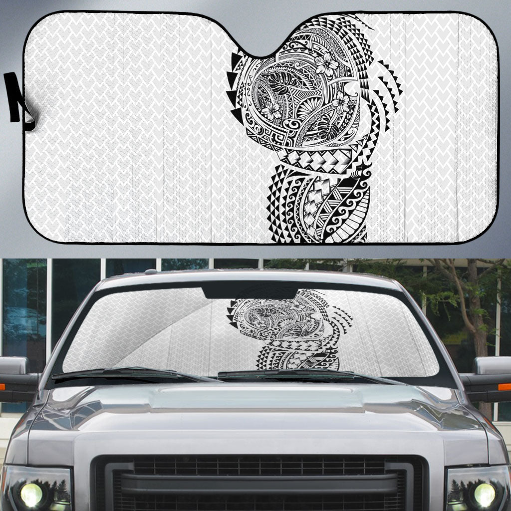 Hawaiian Traditional Tattoos Auto Sun Shade Kakau Tribal Tropical Plant Motif White Color