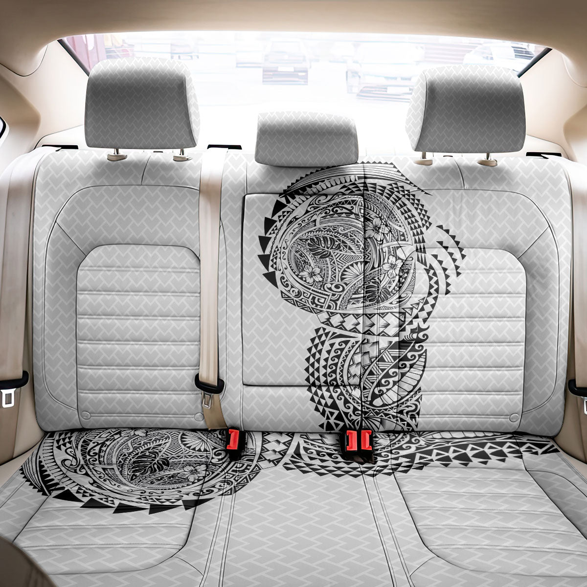 Hawaiian Traditional Tattoos Back Car Seat Cover Kakau Tribal Tropical Plant Motif White Color
