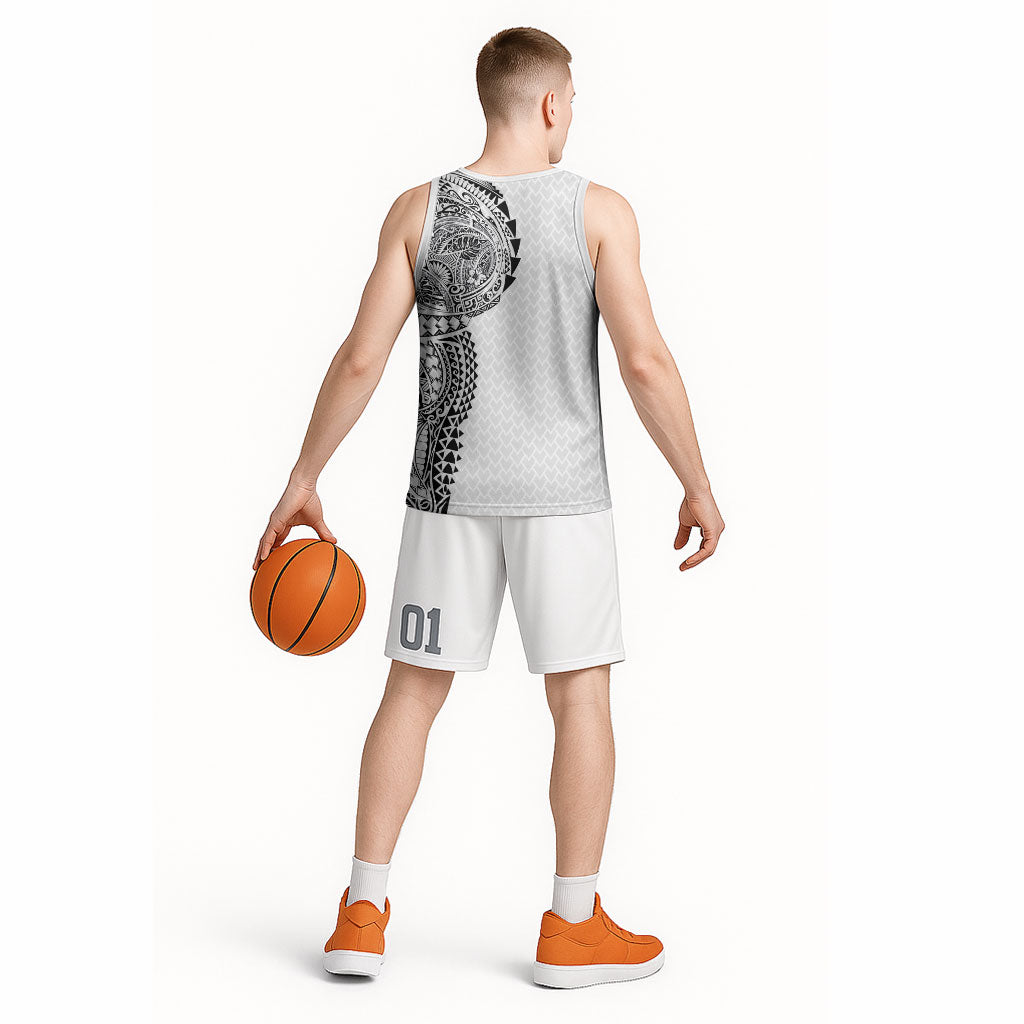 Hawaiian Traditional Tattoos Basketball Jersey Kakau Tribal Tropical Plant Motif White Color