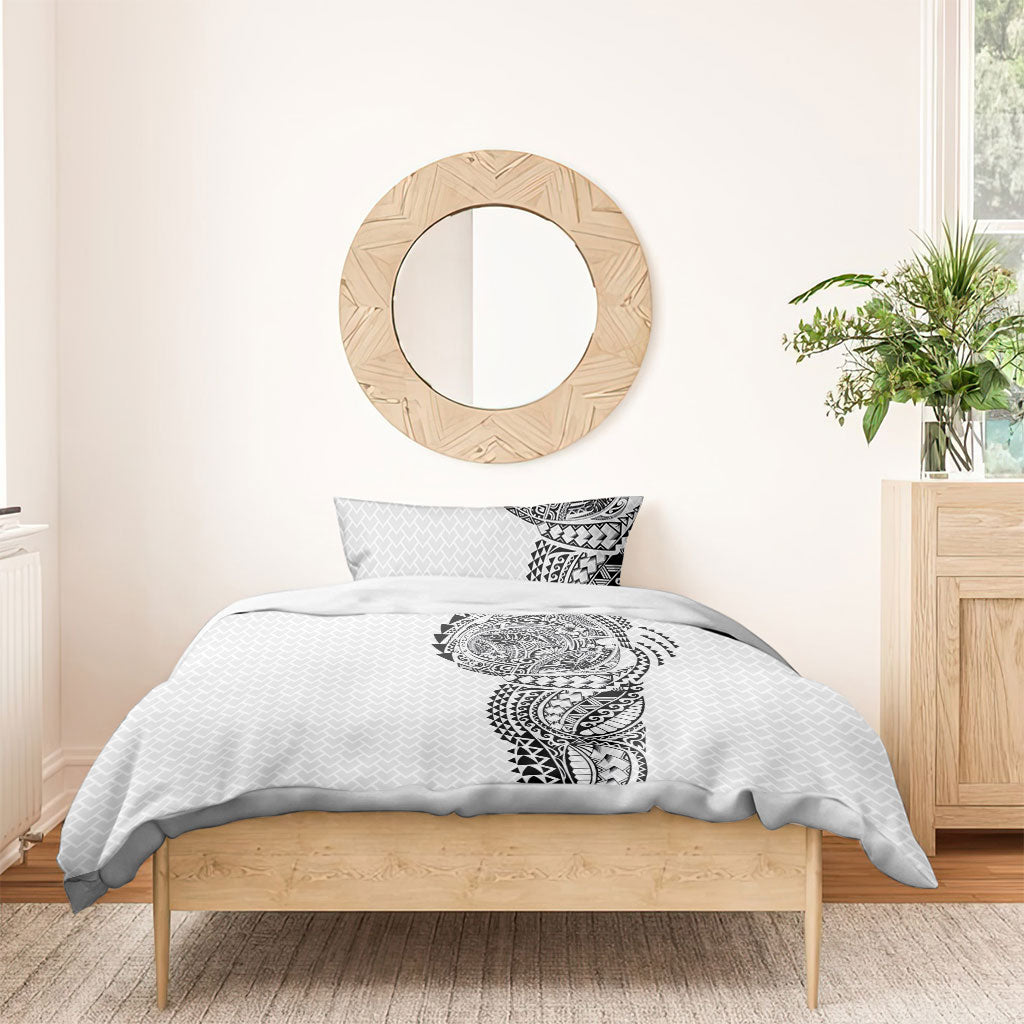 Hawaiian Traditional Tattoos Bedding Set Kakau Tribal Tropical Plant Motif White Color