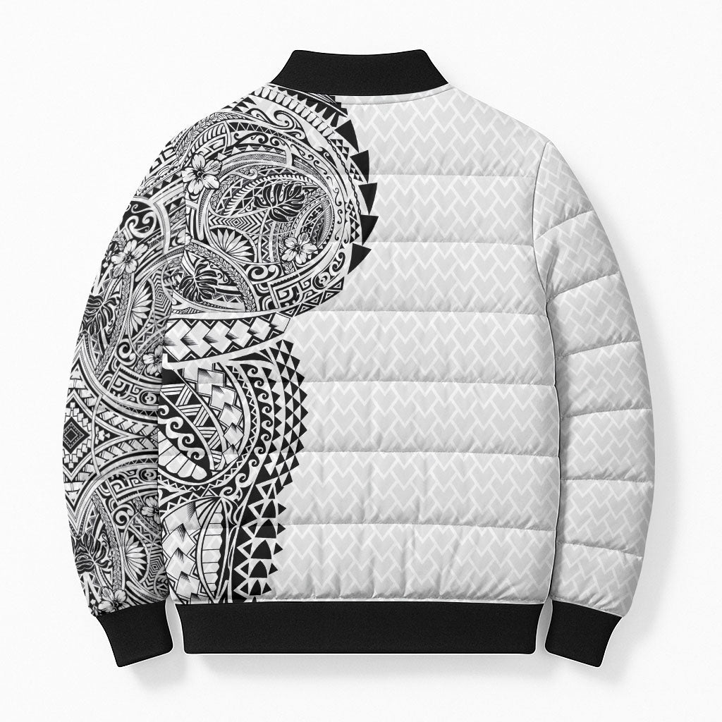 Hawaiian Traditional Tattoos Bomber Puffer Jacket Kakau Tribal Tropical Plant Motif White Color