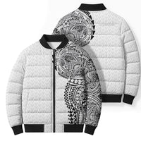 Hawaiian Traditional Tattoos Bomber Puffer Jacket Kakau Tribal Tropical Plant Motif White Color