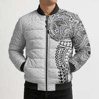 Hawaiian Traditional Tattoos Bomber Puffer Jacket Kakau Tribal Tropical Plant Motif White Color