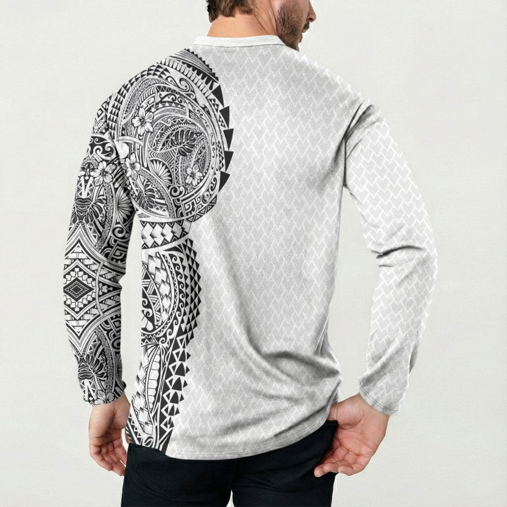 Hawaiian Traditional Tattoos Button Sweatshirt Kakau Tribal Tropical Plant Motif White Color
