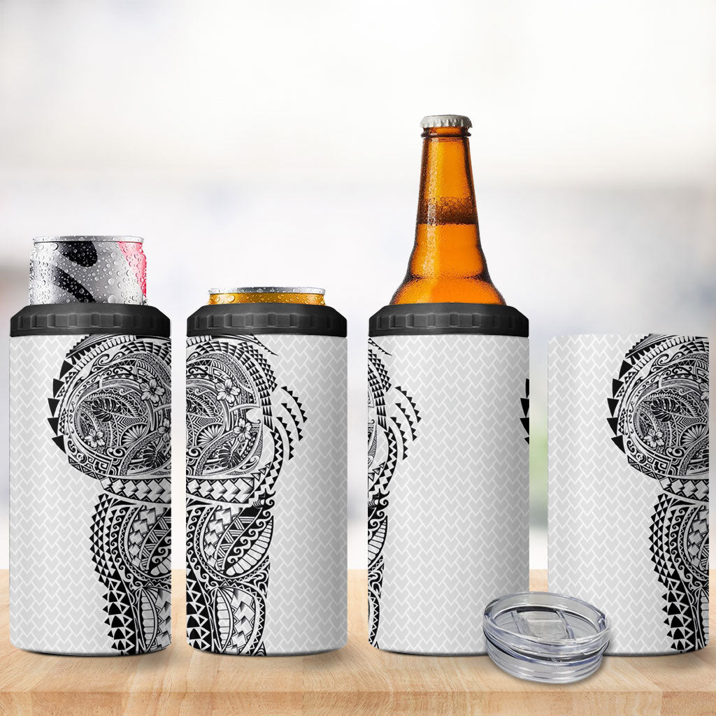 Hawaiian Traditional Tattoos 4 in 1 Can Cooler Tumbler Kakau Tribal Tropical Plant Motif White Color